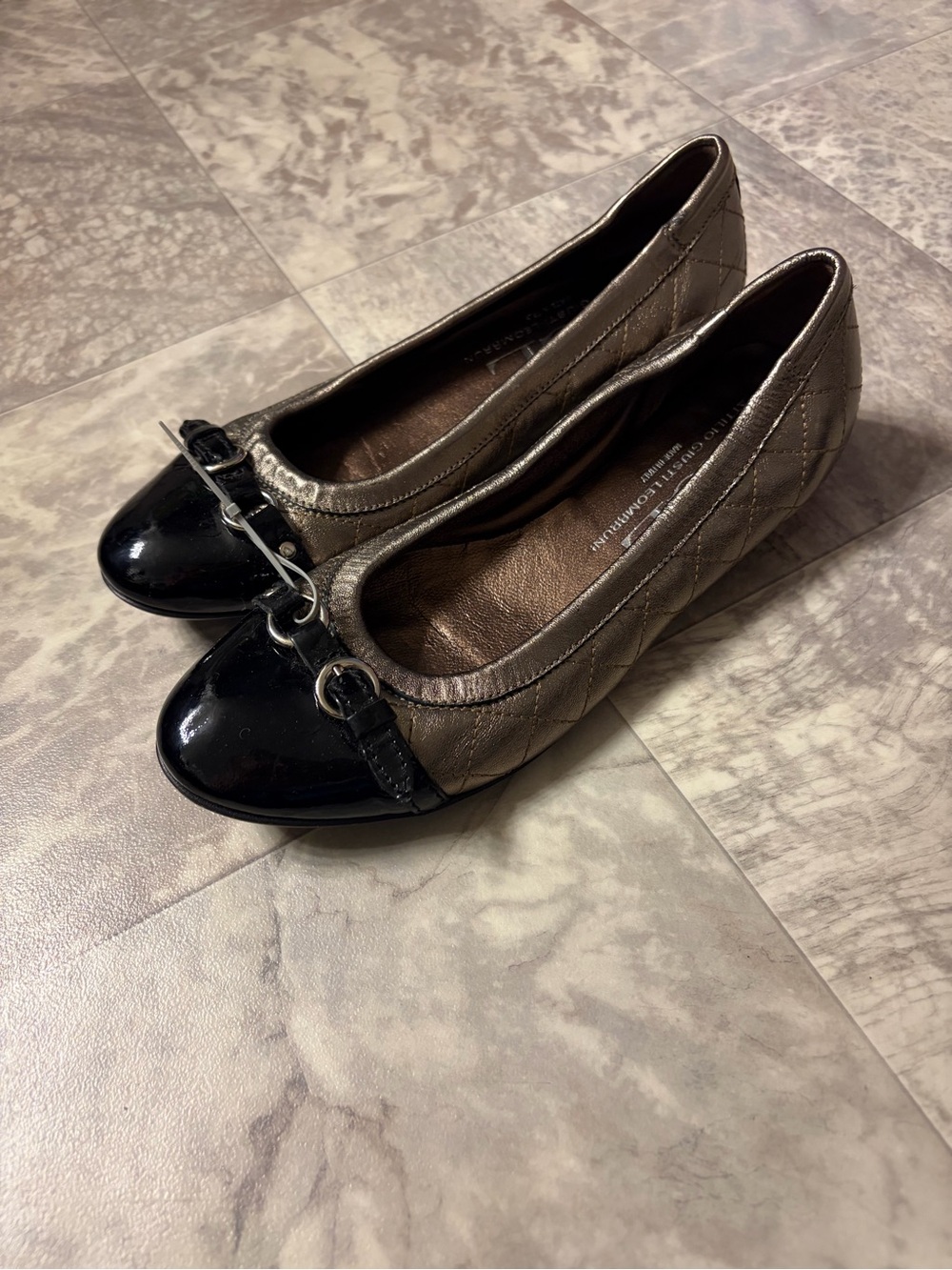 Attilio Giusti Leombruni Quilted Metallic Ballet Flats with Black Patent Toe